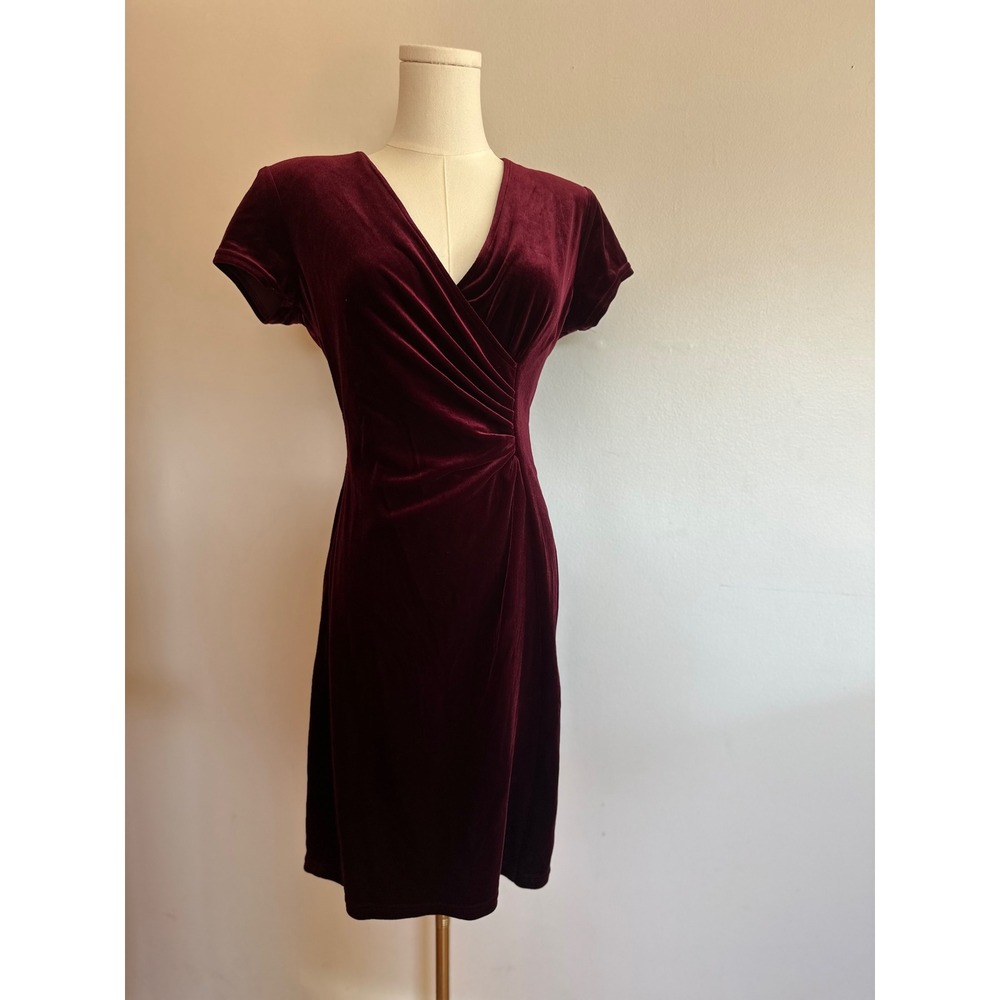 VTG 90s Velvet Faux Wrap Dress Burgundy Red Ruched Cocktail Holiday Party M 8